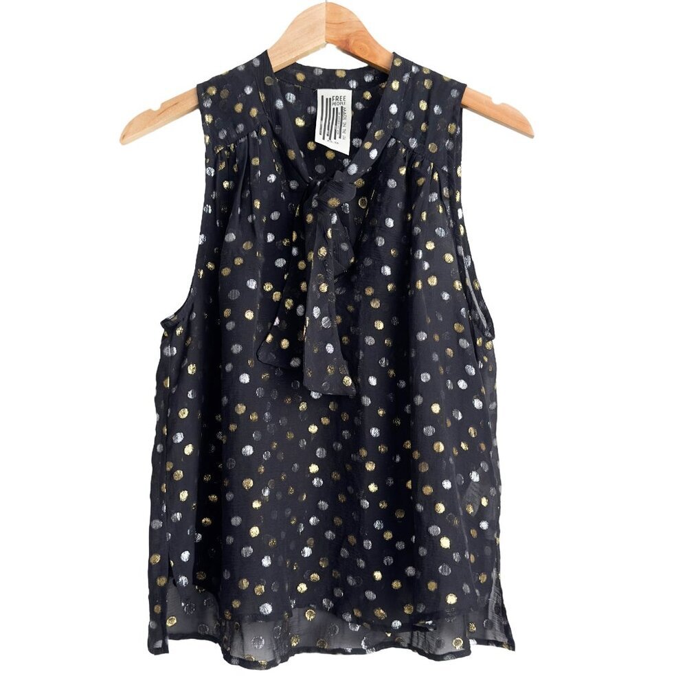 Free People Silk Geometric Gold and Silver Polka Dot Print Top - Black